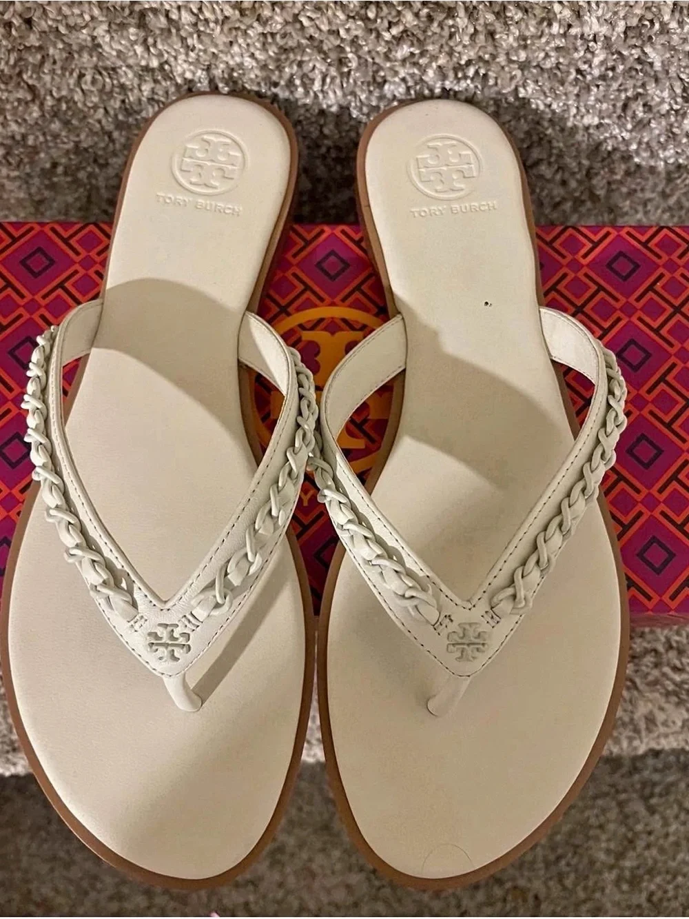 Tory Burch Cream Braided V-String Leather Sandals